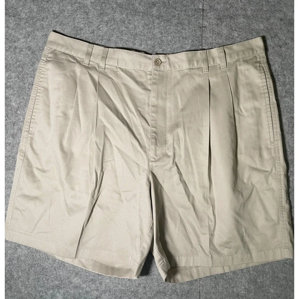 Greg Norman Mens 40 Khaki Tan Pleated Cotton Golf Shorts Shark Logo Embroidered
